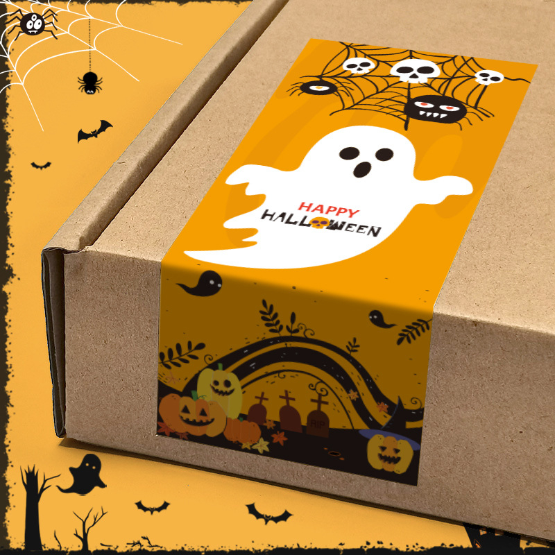 Stačiakampė Helovyno uždarymo lipdukas pakuotėms – dengtas popierius, lipnus, karštos lydymo klijai, spalvotas spausdinimas, be laminavimo