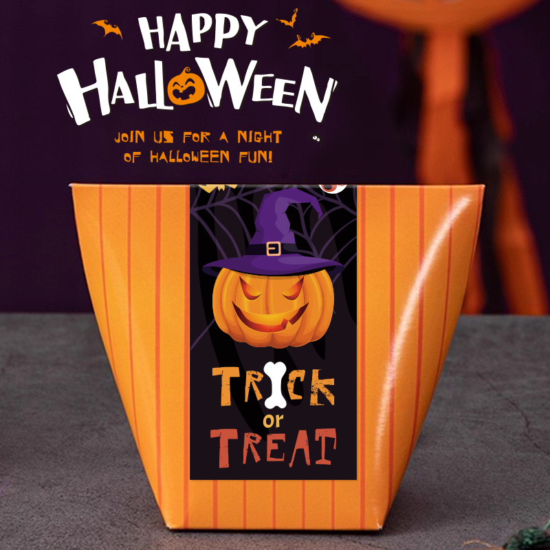 Stačiakampė Helovyno uždarymo lipdukas pakuotėms – dengtas popierius, lipnus, karštos lydymo klijai, spalvotas spausdinimas, be laminavimo