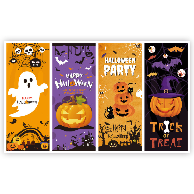 Stačiakampė Helovyno uždarymo lipdukas pakuotėms – dengtas popierius, lipnus, karštos lydymo klijai, spalvotas spausdinimas, be laminavimo