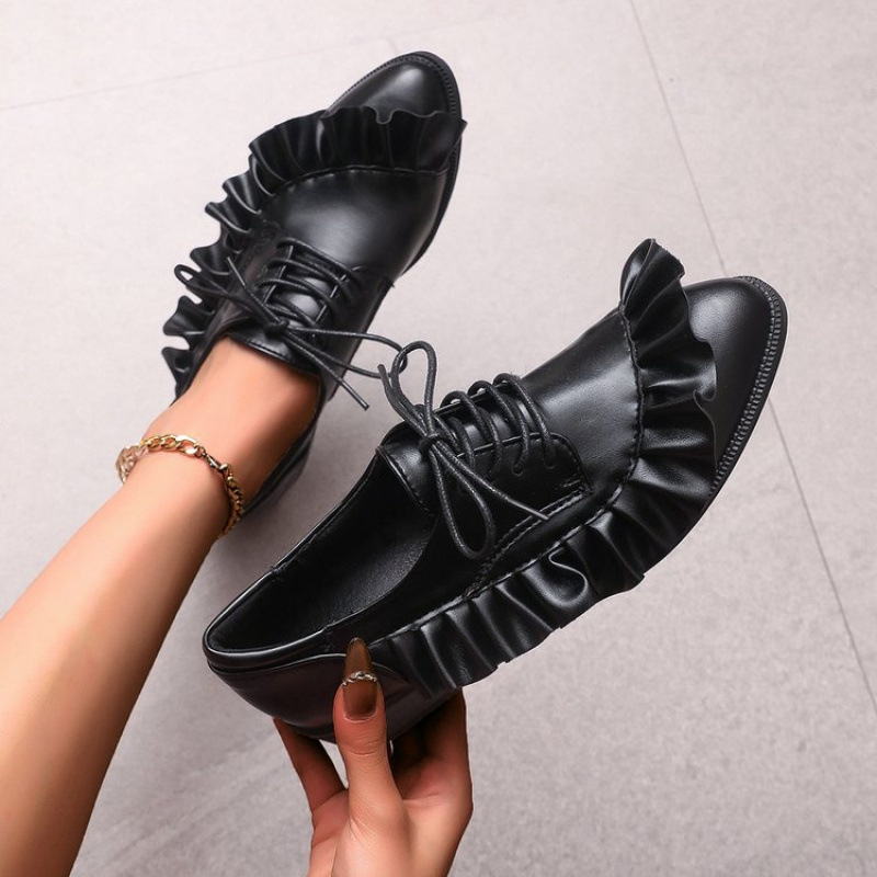 Sieviešu ādas kurpes ar apaļu purnu, priekšējā aizdare, lotusa lapas dekors, vidēja papēža augstums (3–6 cm), PU augšējā daļa