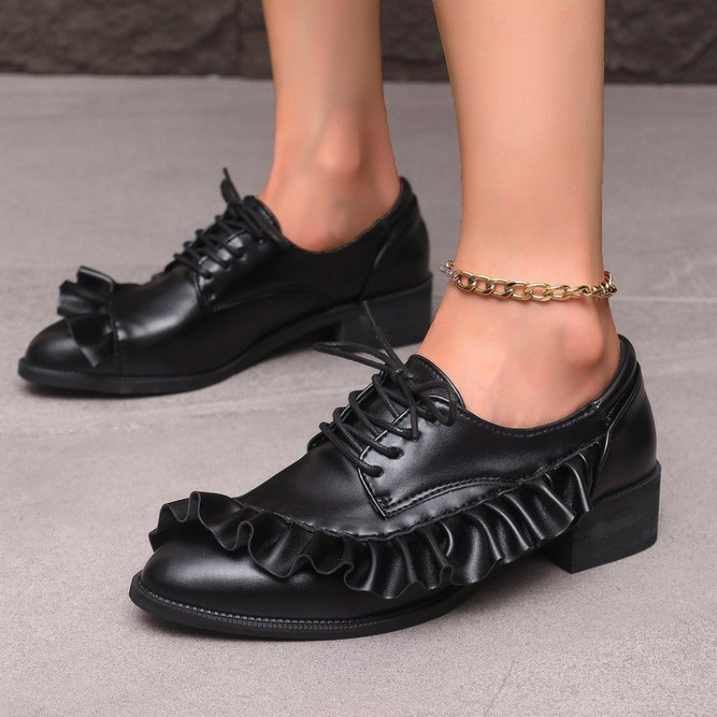 Sieviešu ādas kurpes ar apaļu purnu, priekšējā aizdare, lotusa lapas dekors, vidēja papēža augstums (3–6 cm), PU augšējā daļa