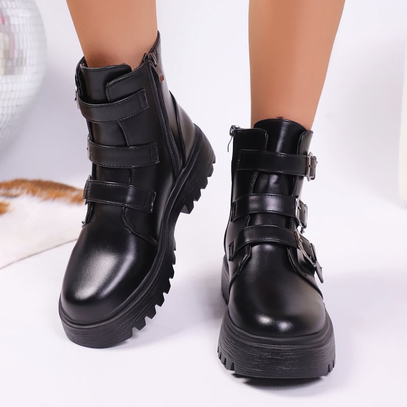 Sieviešu Martins zābaki, vidēja garuma, plata papēdis, apaļa purngala, PU augšdaļa, gumijas zole