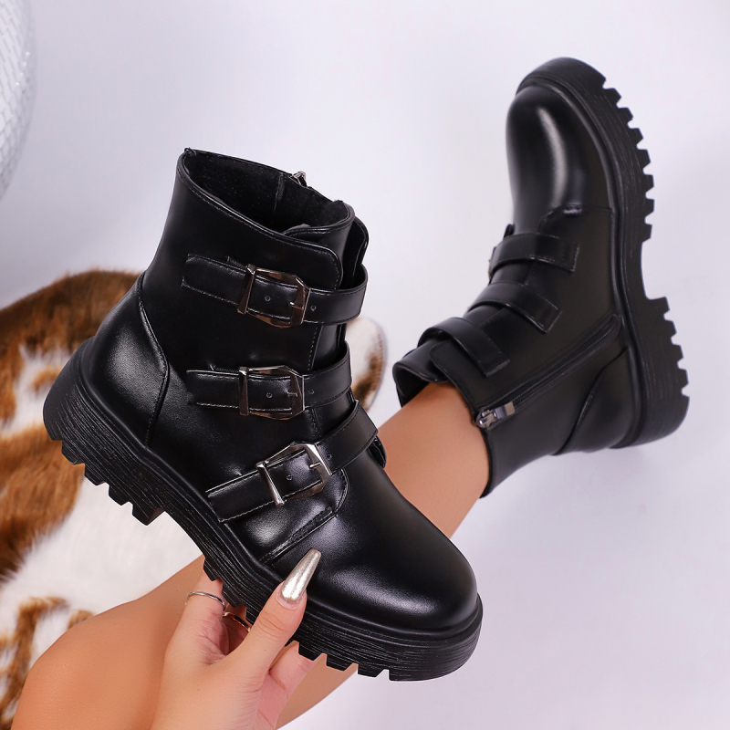 Sieviešu Martins zābaki, vidēja garuma, plata papēdis, apaļa purngala, PU augšdaļa, gumijas zole