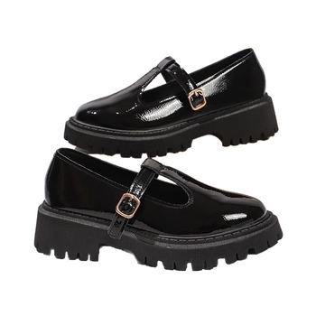 Sieviešu loaferi ar PU augšpusi, apaļa purngala, platformas zole, papēža augstums 3–5 cm, aizdare ar vienu siksnu