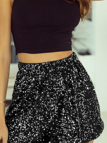 Γυναικείος σορτς με υψηλή μέση και ίσιο κόψιμο, παγιέτες, πολυεστέρας 95%+, σπάντεξ <30%, μήκος τριών τεταρτών, μέση μεσαία, casual, πλεκτό ύφασμα