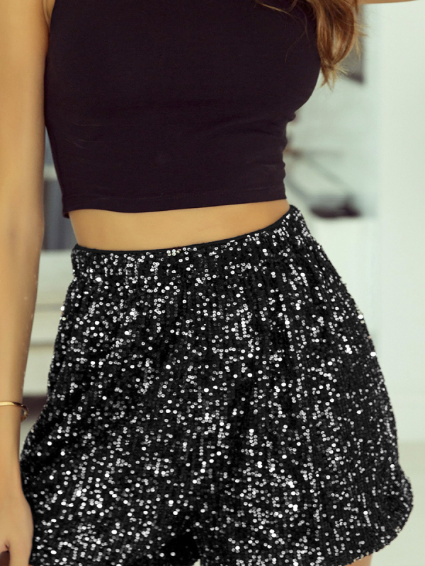 Γυναικείος σορτς με υψηλή μέση και ίσιο κόψιμο, παγιέτες, πολυεστέρας 95%+, σπάντεξ <30%, μήκος τριών τεταρτών, μέση μεσαία, casual, πλεκτό ύφασμα