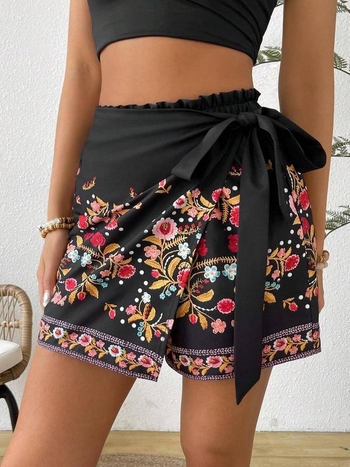 Γυναικείοι σορτς με φλοράλ εκτύπωση και κορδόνι στη μέση, Boho Harajuku στυλ, chenille ύφασμα με Spandex <30%