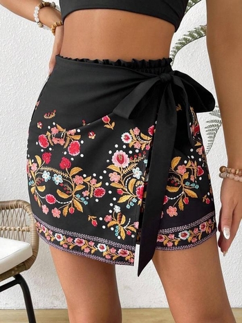 Γυναικείοι σορτς με φλοράλ εκτύπωση και κορδόνι στη μέση, Boho Harajuku στυλ, chenille ύφασμα με Spandex <30%