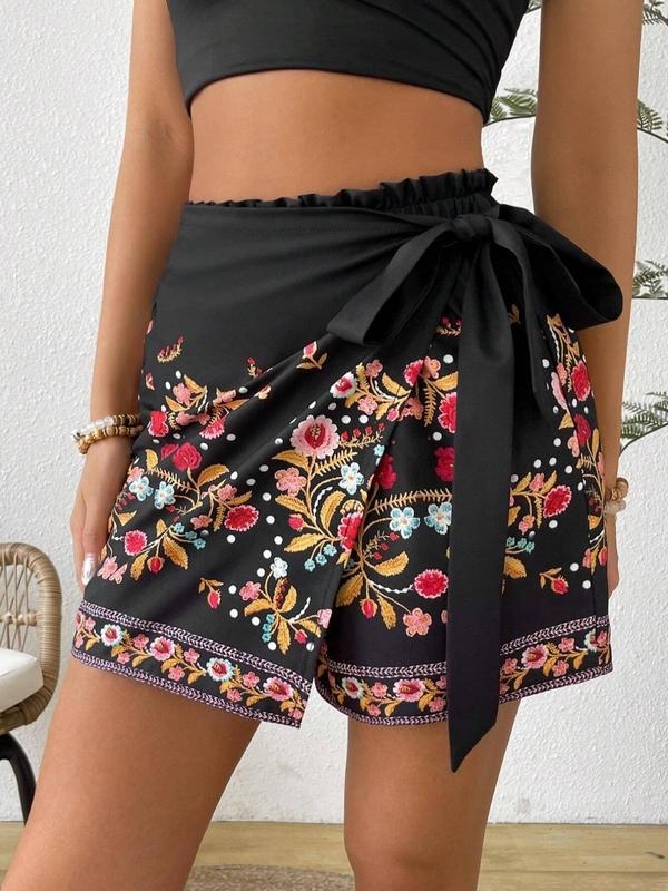 Γυναικείοι σορτς με φλοράλ εκτύπωση και κορδόνι στη μέση, Boho Harajuku στυλ, chenille ύφασμα με Spandex <30%