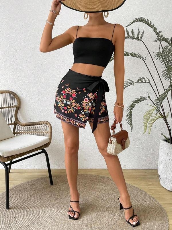 Γυναικείοι σορτς με φλοράλ εκτύπωση και κορδόνι στη μέση, Boho Harajuku στυλ, chenille ύφασμα με Spandex <30%