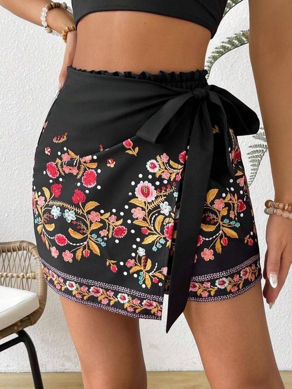 Γυναικείοι σορτς με φλοράλ εκτύπωση και κορδόνι στη μέση, Boho Harajuku στυλ, chenille ύφασμα με Spandex <30%