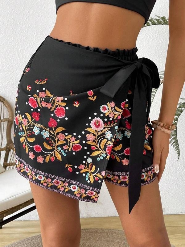 Γυναικείοι σορτς με φλοράλ εκτύπωση και κορδόνι στη μέση, Boho Harajuku στυλ, chenille ύφασμα με Spandex <30%