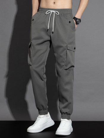 Ανδρικά παντελόνια εργασίας με κορδόνι γύρω από τον αστράγαλο, ίσια γραμμή, ψηλή μέση, ύφασμα από ίνες μπαμπού και μετάξι