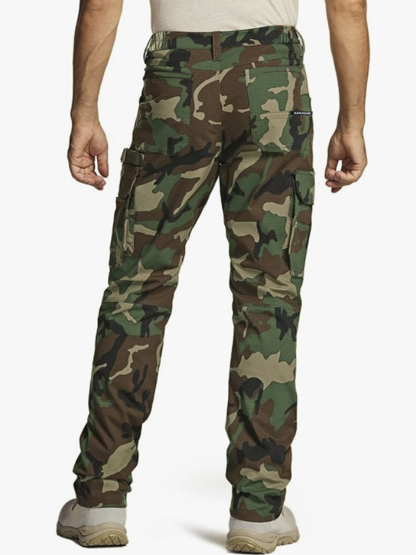 Vyrų taktinės darbo kelnės su maskavimo raštu, aukštas juosmuo, užtrauktukas, tiesus kirpimas, kelios kišenės, poliesteris