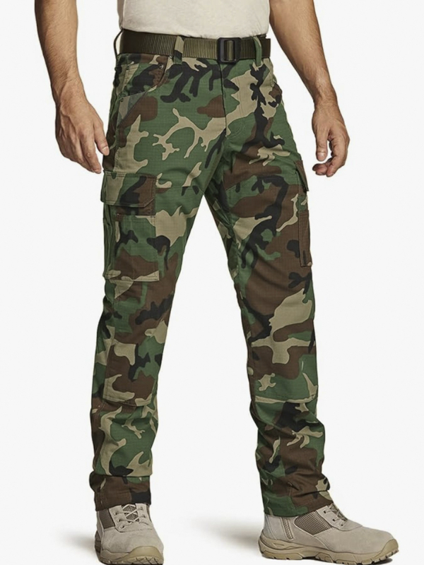 Vyrų taktinės darbo kelnės su maskavimo raštu, aukštas juosmuo, užtrauktukas, tiesus kirpimas, kelios kišenės, poliesteris