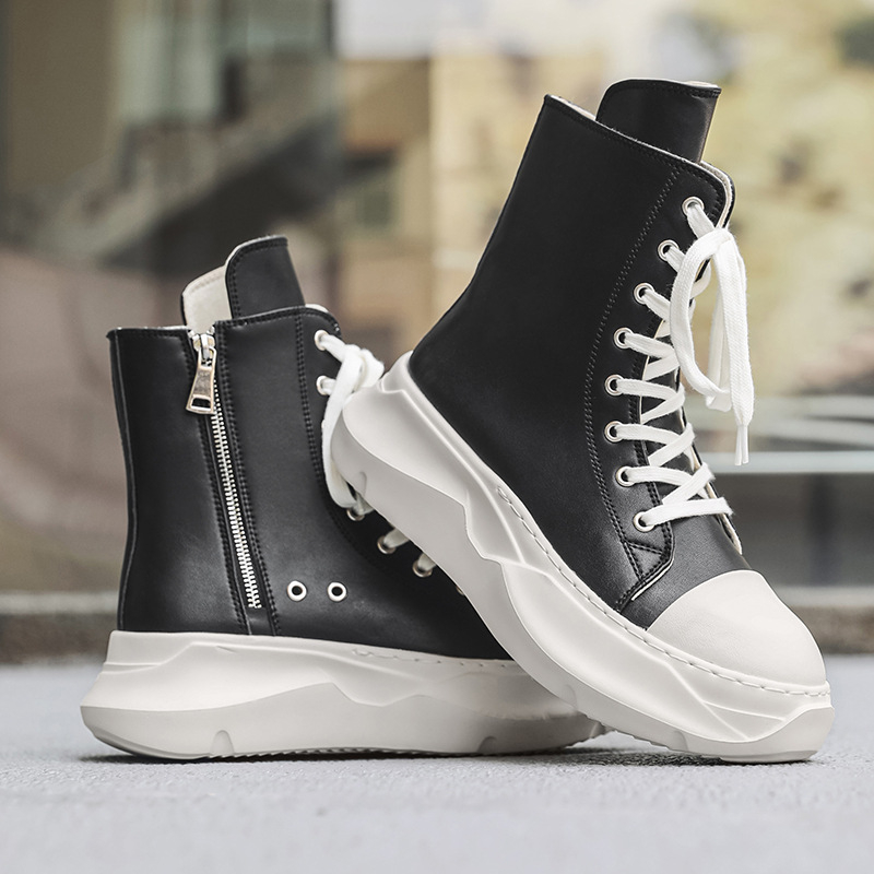 Vīriešu skates apavi ar PU augšdaļu, augsts augšdaļas siluets, palielinātas augstuma dēļ 3–5 cm bieza gumijas zole, šņorējamas