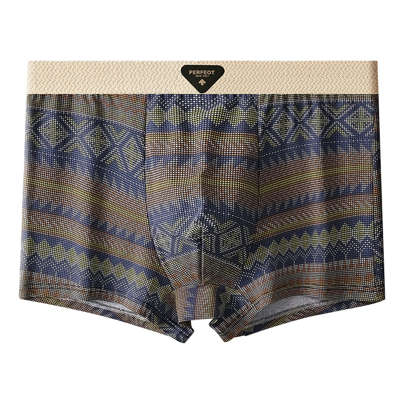 Férfi retro etnikus mintájú pamut boxer briefek, lélegző, antibakteriális, kényelmes, középmagas derekú