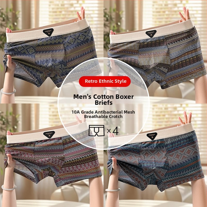 Férfi retro etnikus mintájú pamut boxer briefek, lélegző, antibakteriális, kényelmes, középmagas derekú