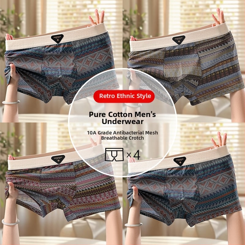 Férfi retro etnikus mintájú pamut boxer briefek, lélegző, antibakteriális, kényelmes, középmagas derekú