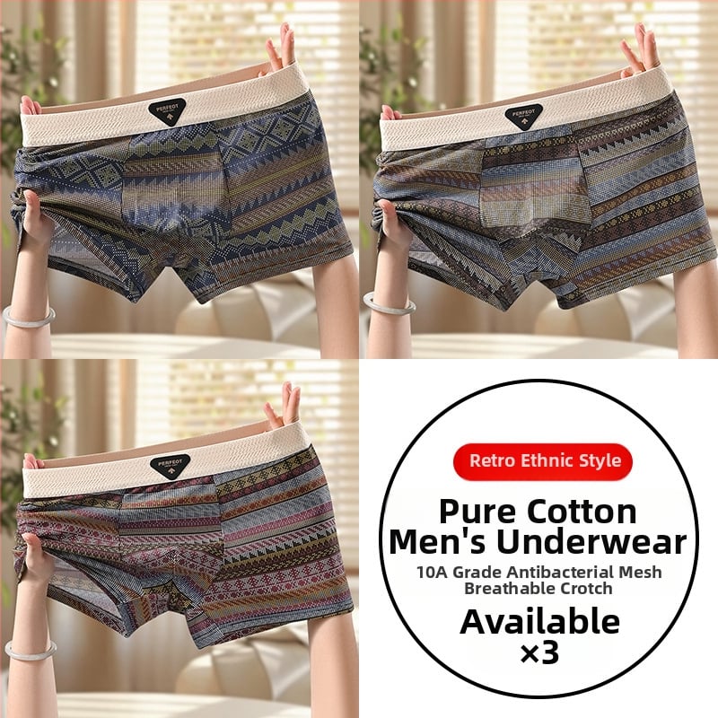Férfi retro etnikus mintájú pamut boxer briefek, lélegző, antibakteriális, kényelmes, középmagas derekú