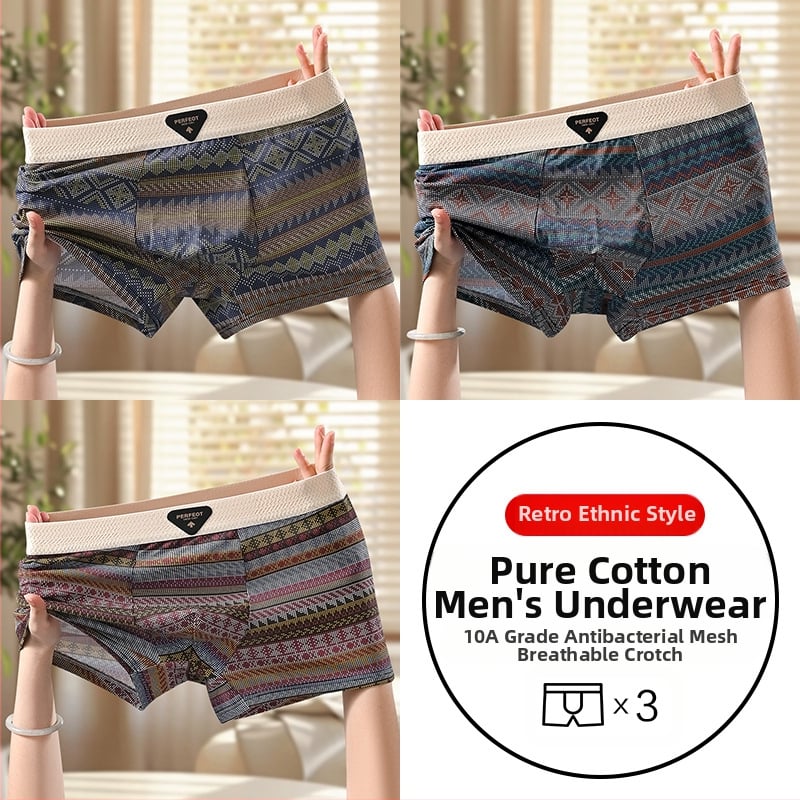 Férfi retro etnikus mintájú pamut boxer briefek, lélegző, antibakteriális, kényelmes, középmagas derekú