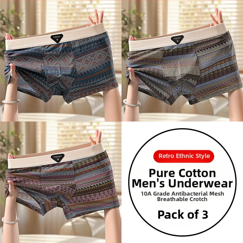 Férfi retro etnikus mintájú pamut boxer briefek, lélegző, antibakteriális, kényelmes, középmagas derekú