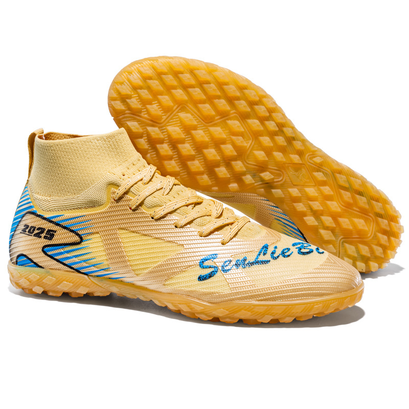 Παπούτσια ποδοσφαίρου με ψηλό άνω μέρος, κορδόνια μπροστά, επάνω από συνθετικό δέρμα, αντιολισθητική σόλα από καουτσούκ, κατάλληλα για φυσικό και τεχνητό χλοοτάπητα