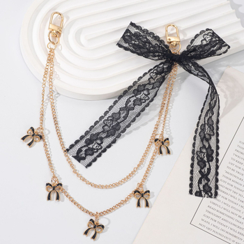 Κλειδοθήκη με μενταγιόν πεταλούδα-φιόγκο, δαντελωτή λεπτομέρεια, σκοινάκι-αλυσίδα, κορεατικό στυλ, κράμα ψευδαργύρου