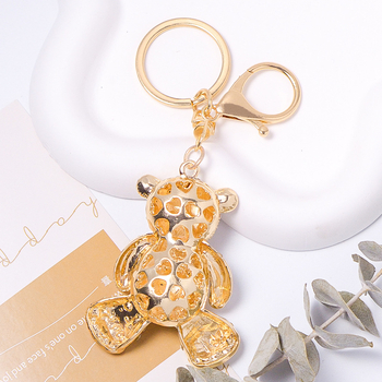 Raktų pakabukas su meškiuko karikatūra ir kaspinėliu, metalinis su krištolo akcentais, Korėjos stilius, kodas A-451