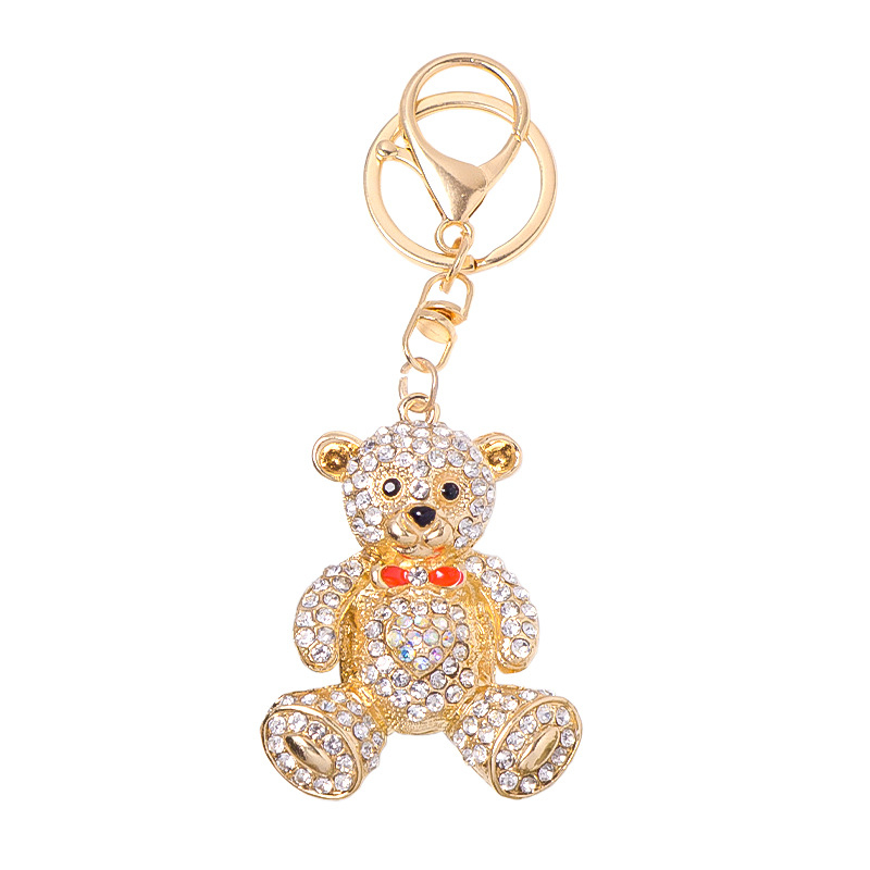 Raktų pakabukas su meškiuko karikatūra ir kaspinėliu, metalinis su krištolo akcentais, Korėjos stilius, kodas A-451