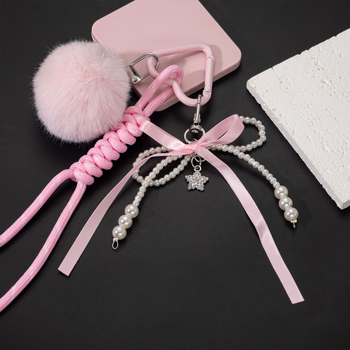 Kulcstartó műgyöngy és vízcsepp kristály medállal, gyöngyös lánc és masni, cink-ötvözet, édes stílus, kód L518