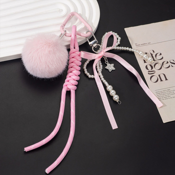 Kulcstartó műgyöngy és vízcsepp kristály medállal, gyöngyös lánc és masni, cink-ötvözet, édes stílus, kód L518