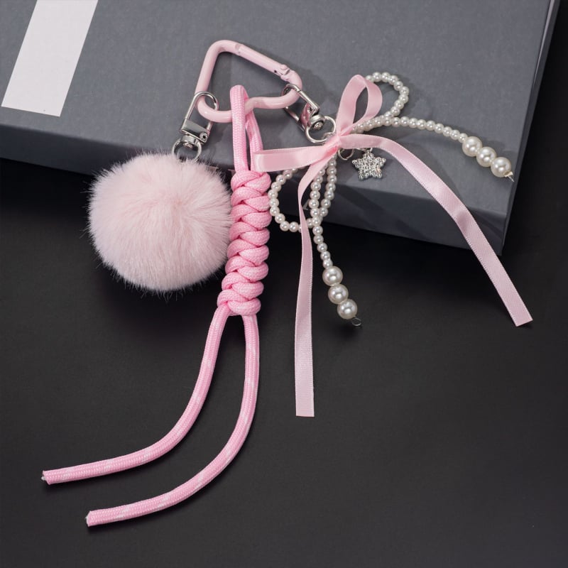 Kulcstartó műgyöngy és vízcsepp kristály medállal, gyöngyös lánc és masni, cink-ötvözet, édes stílus, kód L518