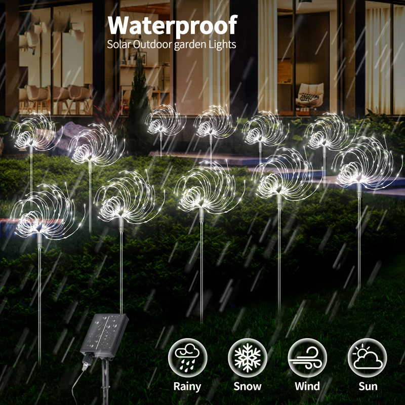 6 бр. пакет соларни светлини във форма на фойерверк – 720 LED, за външен двор, IP65, батерийно захранване, бутон за управление