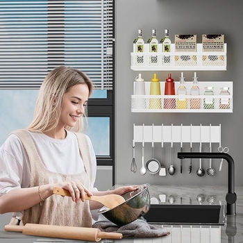 Μαγνητική επιτοίχια ραφιέρα ψυγείου, 3 επίπεδα, πλευρική αποθήκευση, από χάλυβα άνθρακα