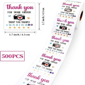 Стикери за благодарност с тема камера за малки магазини — 500 листа, квадратни, самозалепваща медна хартия, за затваряне на благодарствени писма и подаръчни торбички (Код 1761)
