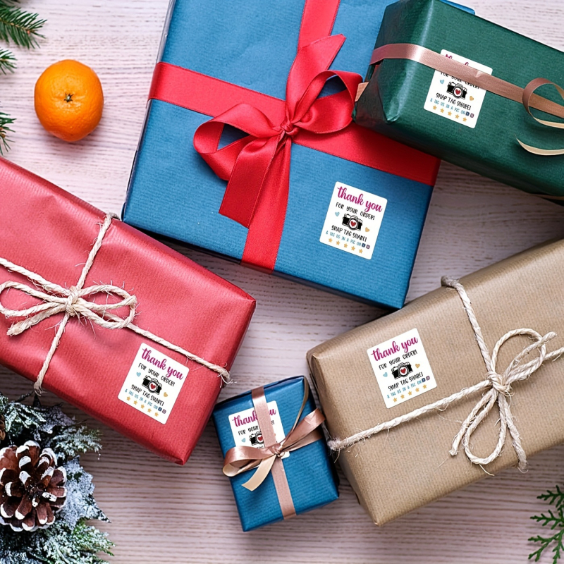 Стикери за благодарност с тема камера за малки магазини — 500 листа, квадратни, самозалепваща медна хартия, за затваряне на благодарствени писма и подаръчни торбички (Код 1761)