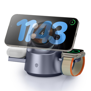 Όλα σε ένα: ασύρματος σταθμός φόρτισης με οργανωτή, νυχτερινό φως και φορτιστή ρολογιού — Μοντέλο M1