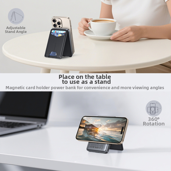 Μαγνητικός Ασύρματος Power Bank 5000mAh, γρήγορη φόρτιση 15W, QC3.0, με βάση στήριξης και δερμάτινο θήκη καρτών
