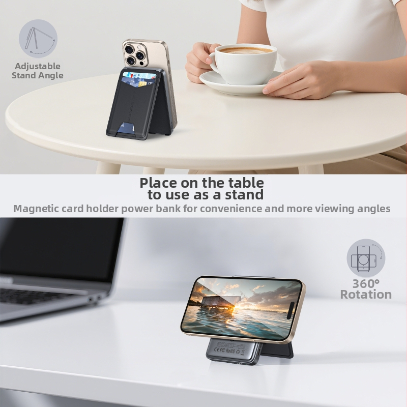 Магнитна безжична преносима зарядна банка 5000mAh, 15W максимум, QC3.0, със стойка и кожен държач за карти