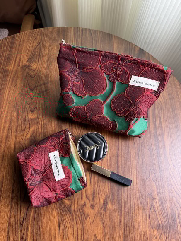 Τσάντα μακιγιάζ από πολυεστέρα με ρετρό τρισδιάστατο ανάγλυφο ύφασμα, φλοράλ μοτίβο, επένδυση καμβά, αναπνεύσιμη αποθήκευση για καθημερινή χρήση