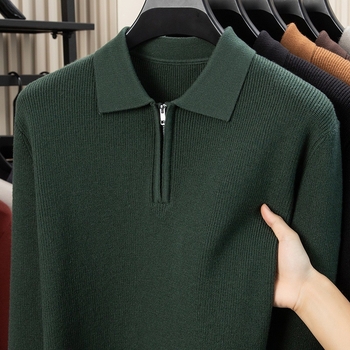 Ανδρικός μακρυμάνικος πουλόβερ με γιακά πόλο, πλεκτό ύφασμα βάφλα-ζακάρντ, παχύ νήμα, μαλλί 30–35%, στενή γραμμή, βρετανικού στυλ