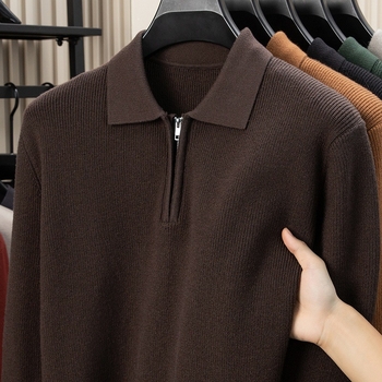 Ανδρικός μακρυμάνικος πουλόβερ με γιακά πόλο, πλεκτό ύφασμα βάφλα-ζακάρντ, παχύ νήμα, μαλλί 30–35%, στενή γραμμή, βρετανικού στυλ