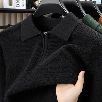 Ανδρικός μακρυμάνικος πουλόβερ με γιακά πόλο, πλεκτό ύφασμα βάφλα-ζακάρντ, παχύ νήμα, μαλλί 30–35%, στενή γραμμή, βρετανικού στυλ