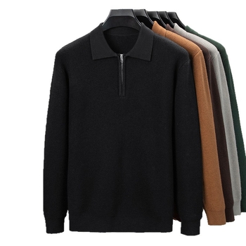 Ανδρικός μακρυμάνικος πουλόβερ με γιακά πόλο, πλεκτό ύφασμα βάφλα-ζακάρντ, παχύ νήμα, μαλλί 30–35%, στενή γραμμή, βρετανικού στυλ