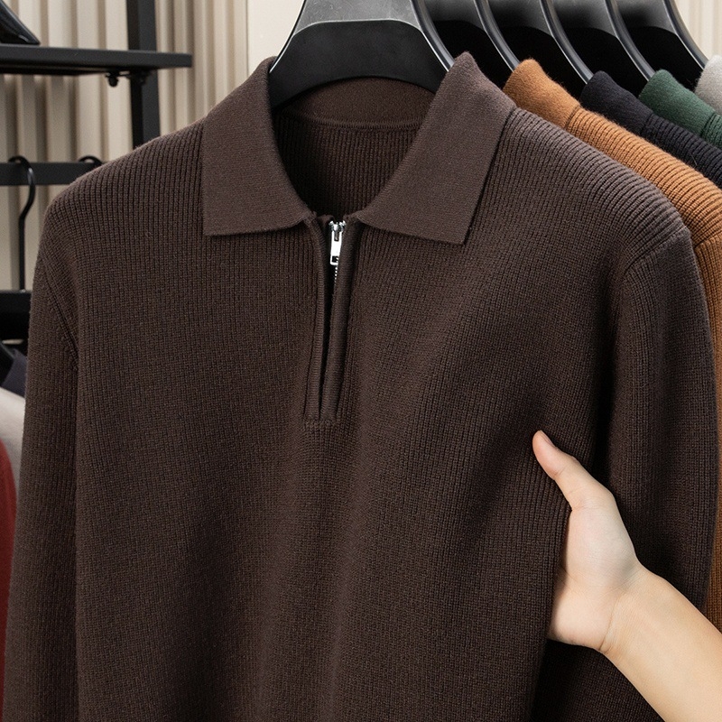 Ανδρικός μακρυμάνικος πουλόβερ με γιακά πόλο, πλεκτό ύφασμα βάφλα-ζακάρντ, παχύ νήμα, μαλλί 30–35%, στενή γραμμή, βρετανικού στυλ