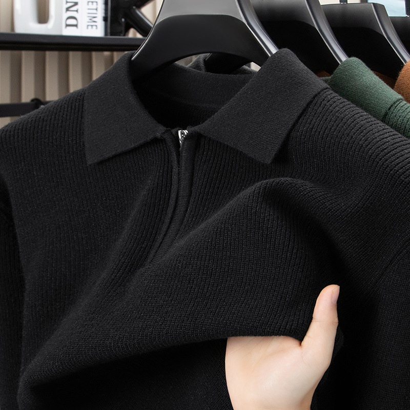 Ανδρικός μακρυμάνικος πουλόβερ με γιακά πόλο, πλεκτό ύφασμα βάφλα-ζακάρντ, παχύ νήμα, μαλλί 30–35%, στενή γραμμή, βρετανικού στυλ