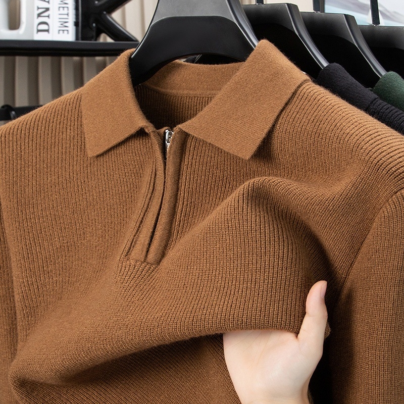 Ανδρικός μακρυμάνικος πουλόβερ με γιακά πόλο, πλεκτό ύφασμα βάφλα-ζακάρντ, παχύ νήμα, μαλλί 30–35%, στενή γραμμή, βρετανικού στυλ
