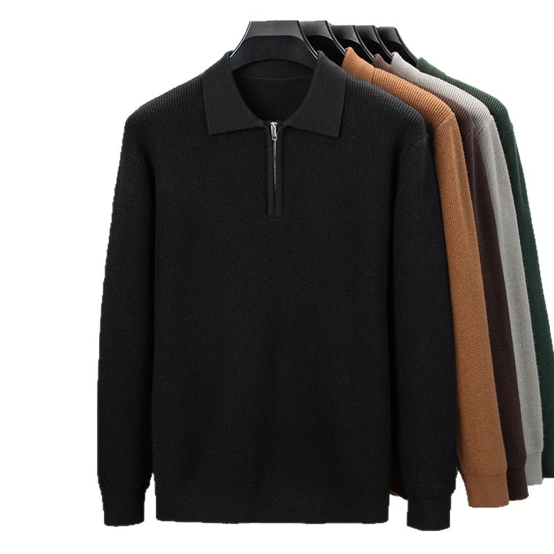 Ανδρικός μακρυμάνικος πουλόβερ με γιακά πόλο, πλεκτό ύφασμα βάφλα-ζακάρντ, παχύ νήμα, μαλλί 30–35%, στενή γραμμή, βρετανικού στυλ