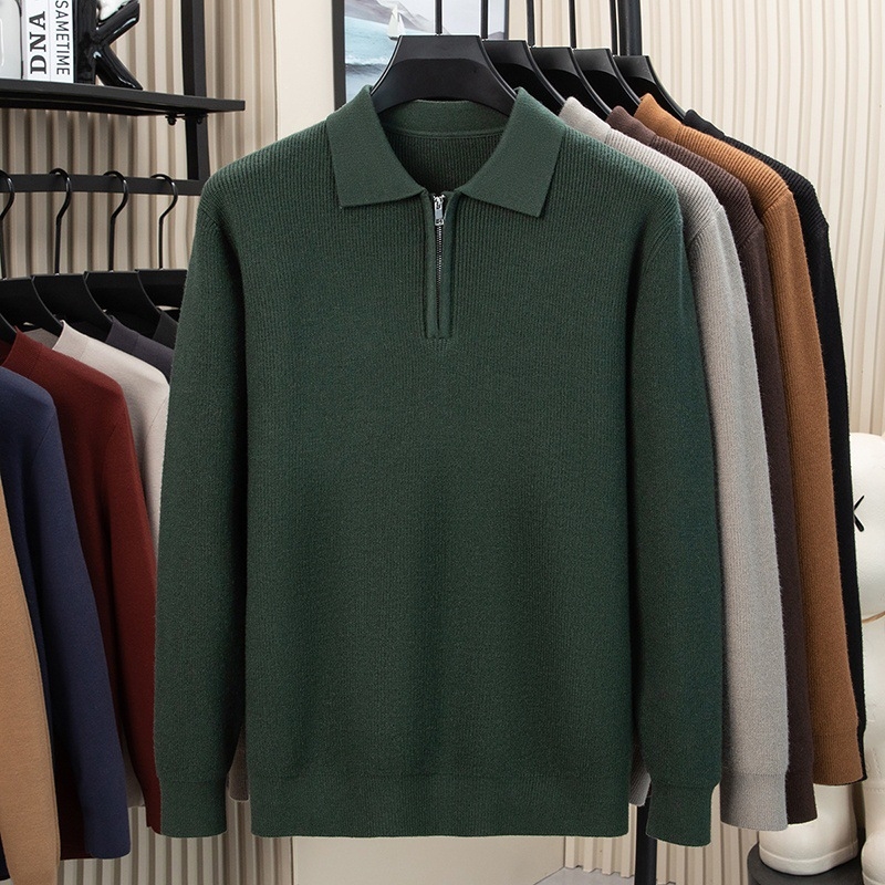 Ανδρικός μακρυμάνικος πουλόβερ με γιακά πόλο, πλεκτό ύφασμα βάφλα-ζακάρντ, παχύ νήμα, μαλλί 30–35%, στενή γραμμή, βρετανικού στυλ
